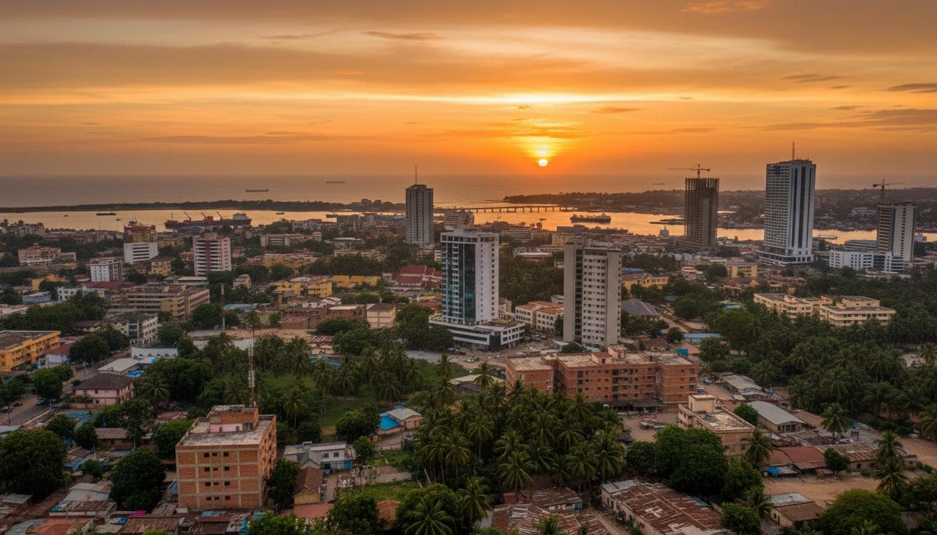 Vue panoramique de Conakry au coucher du soleil sur l'océan Atlantique